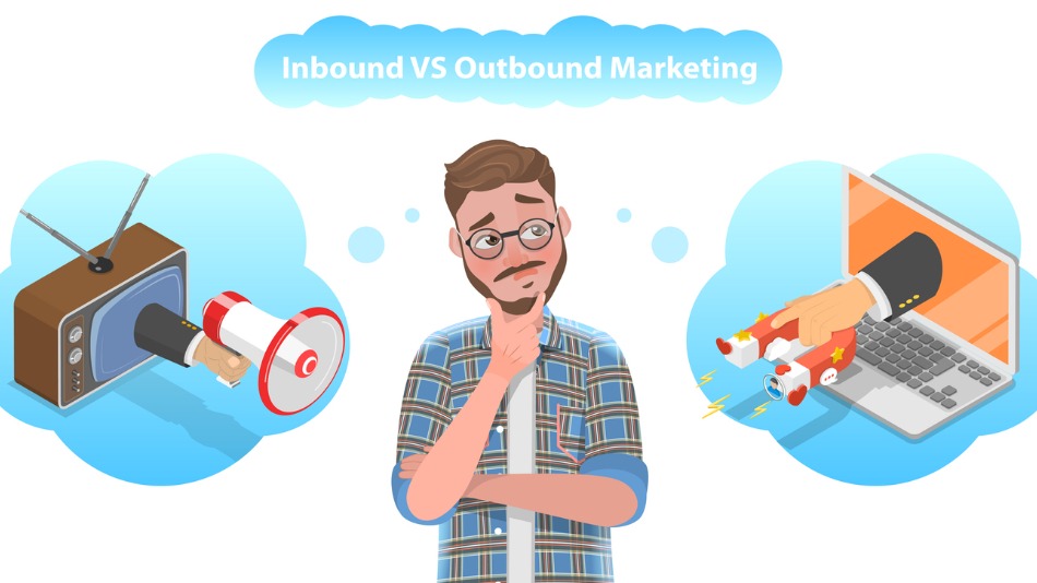 Personaje que discierne entre Inbound vs Outbound Marketing